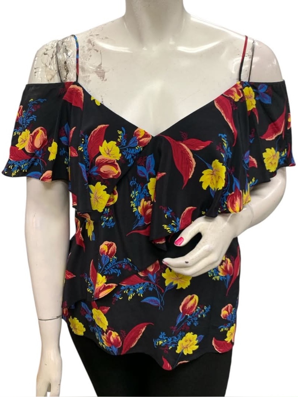 Diane Von Furstenberg Black Floral Off-Shoulder Ruffle Camisole Size L